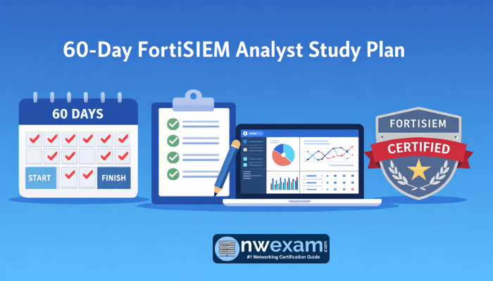 Flat design banner of a 60-day FortiSIEM Analyst study plan featuring a calendar with checkmarks, a checklist, a laptop displaying a SIEM dashboard, and a certification badge on a blue gradient background.