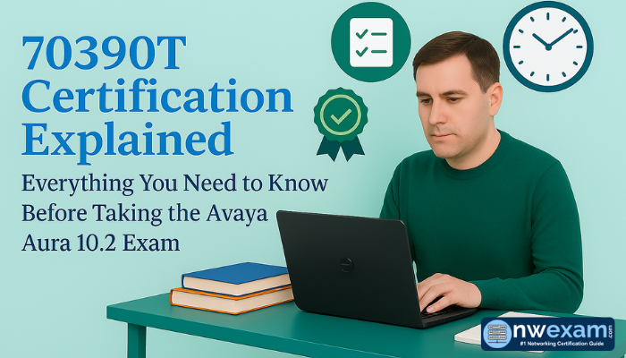 A man studies on a laptop at a desk with books, accompanied by text explaining the 70390T Certification and what candidates need to know about the Avaya Aura 10.2 exam.