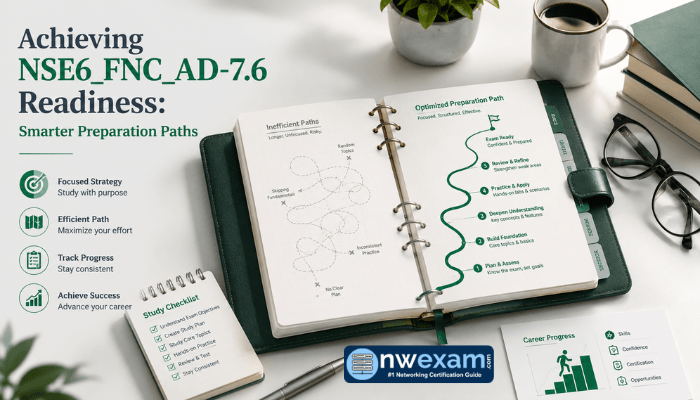 A top-down view of a desk with an open planner illustrating clear, efficient paths to NSE6_FNC_AD-7.6 exam readiness, symbolizing strategic preparation for Fortinet FortiNAC-F 7.6 Administrator certification. Shows optimized study routes.