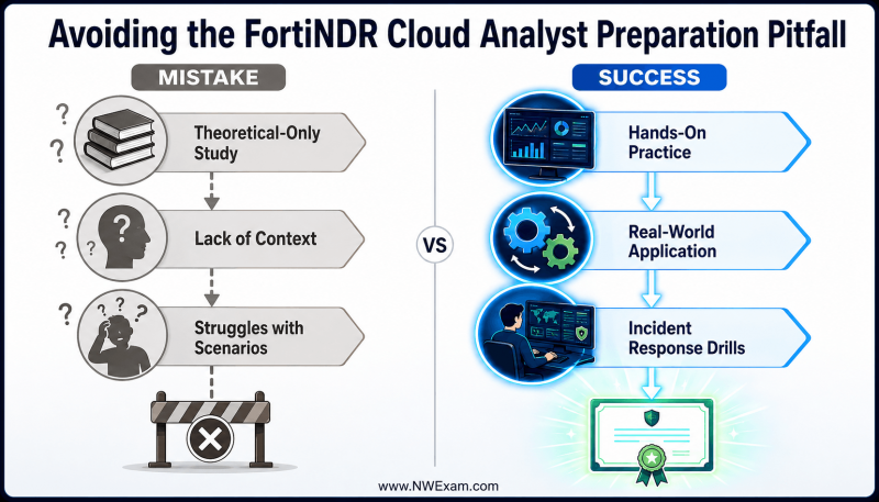 An infographic contrasting two study paths for FortiNDR Cloud Analyst certification: one focusing on theoretical mistakes, and the other on successful hands-on, scenario-based practice.