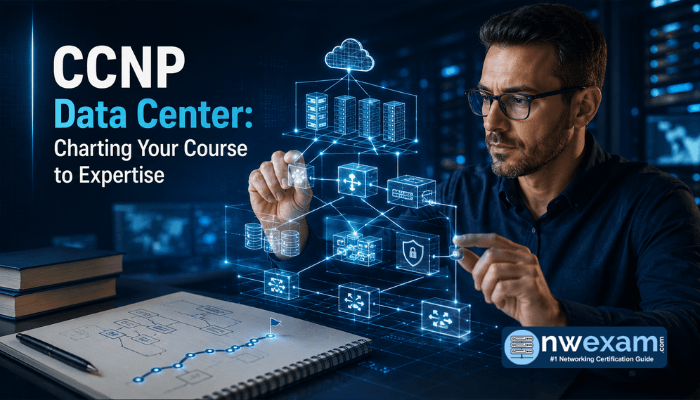 An adult man strategically planning his CCNP Data Center certification path on a futuristic holographic display in a high-tech data center environment. The image emphasizes thoughtful planning and technical expertise.
