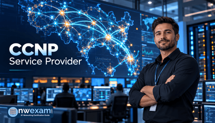 Network engineer in a modern network operations center with a glowing fiber-optic backbone map and interconnected MPLS network paths, representing CCNP Service Provider certification.