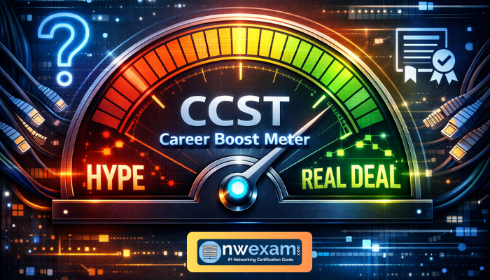 CCST Networking Certification career boost meter graphic showing a gauge moving from “Hype” to “Real Deal,” highlighting the value of the CCST Networking Certification for entry-level IT professionals.