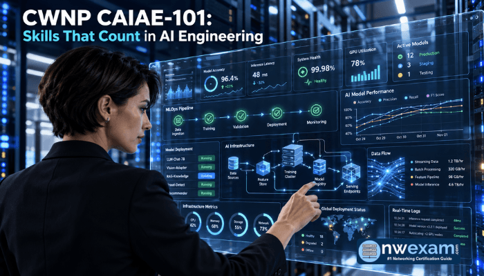 A professional woman intently observing a digital dashboard displaying AI model performance and data flow, symbolizing the critical, validated skills of the CWNP CAIAE-101 certification.