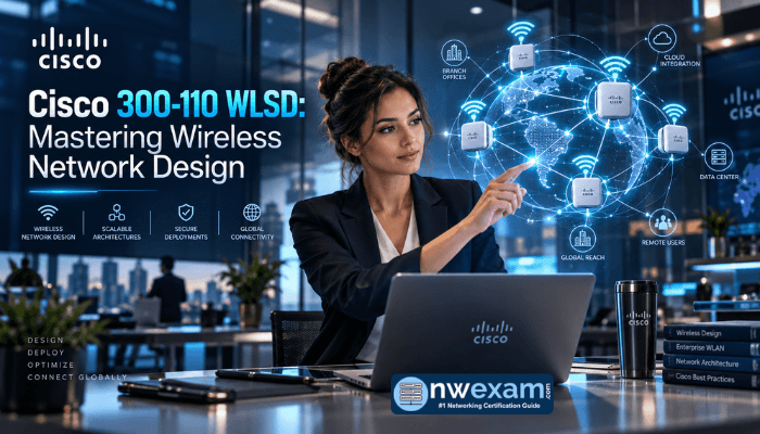 A woman working on a laptop with a holographic display of a wireless network diagram. The image represents the strategic design aspect of the Cisco 300-110 WLSD certification.