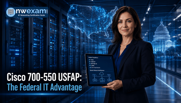 A professional woman stands confidently in a high-tech data center, symbolizing expertise gained from Cisco 700-550 USFAP certification in federal IT. She holds a tablet showing compliance data.