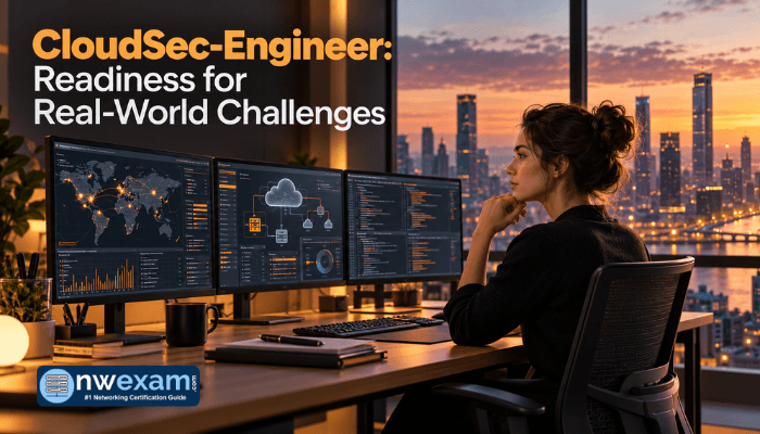 An adult woman, a cloud security professional, is focused on multiple screens displaying security dashboards in a modern office, signifying readiness and practical application for the Palo Alto Networks CloudSec-Engineer role.