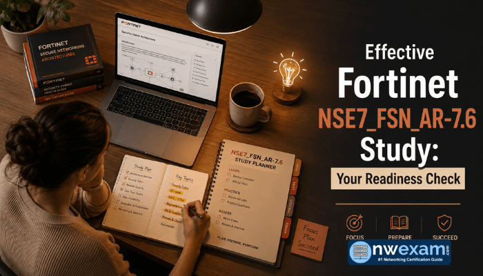 A woman studies for the Fortinet NSE7_FSN_AR-7.6 exam at a neatly organized desk with a laptop and planner, symbolizing effective preparation and readiness.