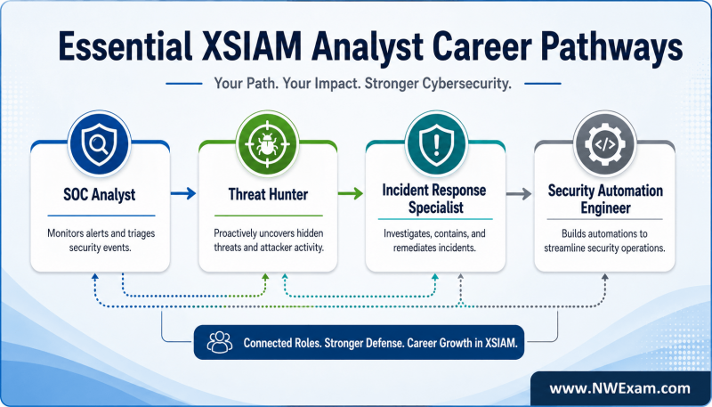 An infographic depicting career pathways for a Palo Alto Networks XSIAM Analyst, illustrating roles like SOC Analyst, Threat Hunter, and Incident Response Specialist in a modular card layout.