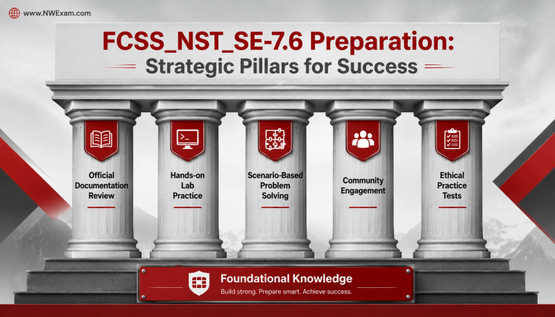 Infographic with five pillars representing strategic preparation for Fortinet FCSS_NST_SE-7.6: official documentation, lab practice, scenario solving, community engagement, and ethical practice tests.
