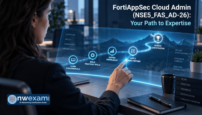 An adult woman interacting with a holographic study path for the FortiAppSec Cloud Administrator (NSE5_FAS_AD-26) certification, symbolizing a clear route to expertise in cloud WAF administration.