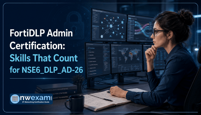 An adult woman cybersecurity administrator intensely analyzing data and network diagrams on multiple screens, symbolizing advanced FortiDLP Admin Certification skills for NSE6_DLP_AD-26 exam success.