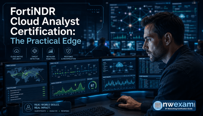 A cybersecurity analyst intently reviewing FortiNDR Cloud dashboards on multiple screens, demonstrating focused practical application for the FortiNDR Cloud Analyst Certification (NSE6_NDR_AN-26).