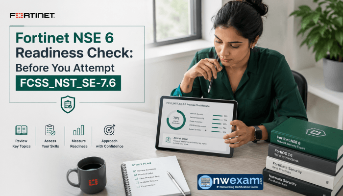 A woman at a clean desk reviewing Fortinet FCSS_NST_SE-7.6 study materials on a tablet, symbolizing a focused readiness check before the certification exam.