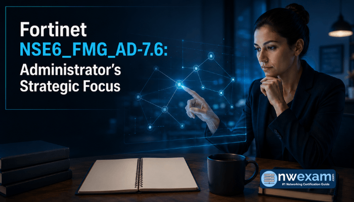 An adult woman, a network security administrator, is intently studying a holographic network diagram. The scene highlights strategic focus for the Fortinet NSE 6 - FortiManager 7.6 Administrator exam.