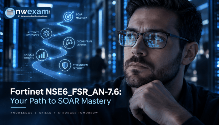 A cybersecurity analyst, an adult man, in a server room environment, looking intently, with digital reflections in his glasses. Highlights the journey to mastering FortiSOAR 7.6 and achieving the Fortinet NSE6_FSR_AN-7.6 certification.