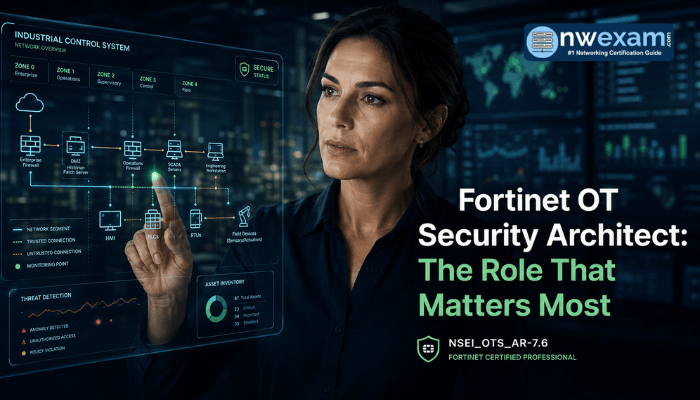 A Fortinet OT Security Architect, a woman, in a cinematic close-up, intently views a holographic industrial control system diagram, highlighting strategic defense and the critical nature of the NSEI_OTS_AR-7.6 role.