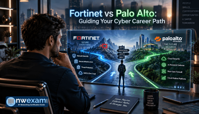 A male cybersecurity professional contemplates a digital career map showing two paths, Fortinet and Palo Alto, for certification choice.