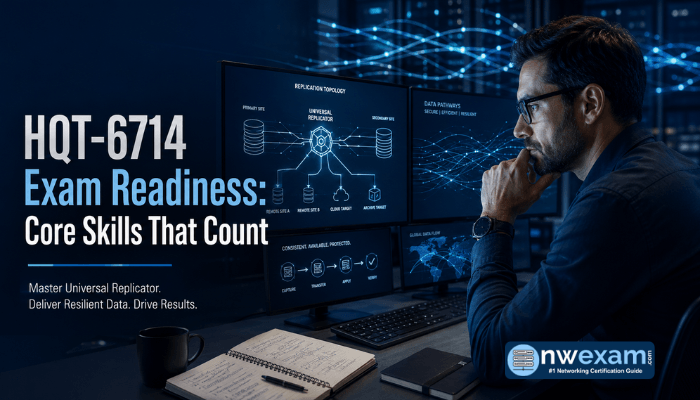 A focused male storage administrator analyzing complex Hitachi Universal Replicator diagrams across multiple screens, illustrating HQT-6714 exam readiness.