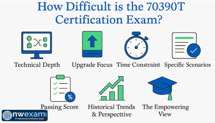 An infographic highlighting seven key challenges of the 70390T Certification Exam, including technical depth, upgrade focus, time constraint, and the empowering value of certification.