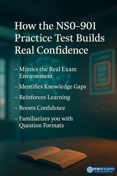 Infographic titled How the NS0-901 Practice Test Builds Real Confidence features five centered bullet points