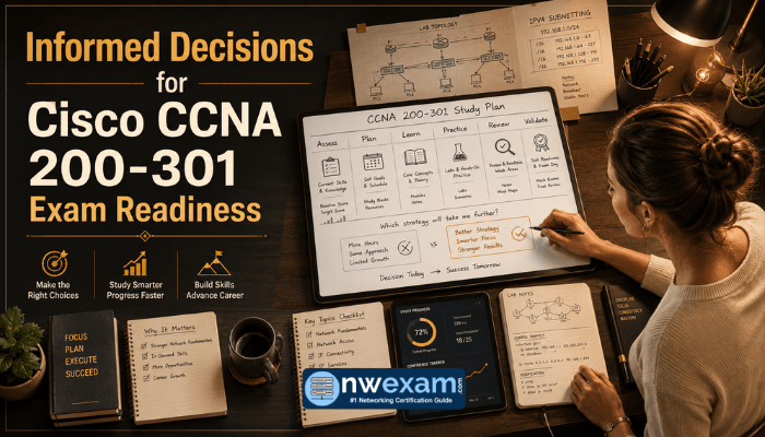 An adult woman plans her Cisco CCNA 200-301 exam preparation on a digital planner, surrounded by study materials, symbolizing informed decisions and strategic readiness.