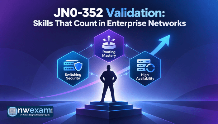 A conceptual infographic showing a professional figure with interconnected hexagons representing JN0-352 skills, symbolizing career growth and validated expertise.