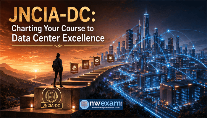 A professional looking at a futuristic cityscape, with the JNCIA-DC certification representing a clear career path towards data center excellence for the JN0-281 exam.