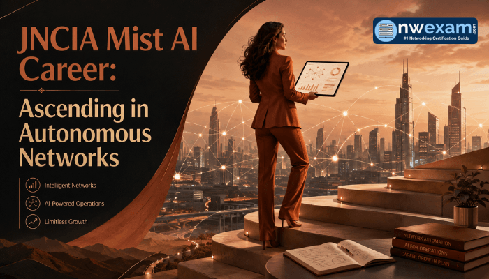 A confident adult woman on a rising platform overlooking a futuristic cityscape, symbolizing career ascension with JNCIA Mist AI certification in autonomous networking.
