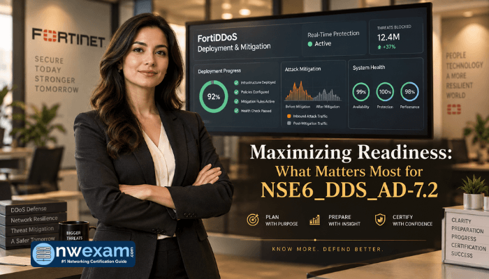 A confident female professional reviewing a digital dashboard displaying FortiDDoS performance metrics, representing readiness for the Fortinet NSE6_DDS_AD-7.2 certification exam.