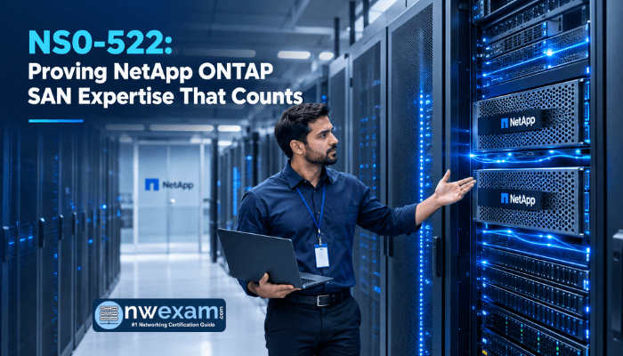 A focused male engineer in a modern data center, showcasing NetApp storage arrays, symbolizing proven ONTAP SAN expertise validated by the NS0-522 exam.