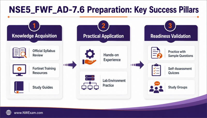 An infographic detailing the key pillars of preparation for the Fortinet NSE5_FWF_AD-7.6 exam, organized into knowledge acquisition, practical application, and readiness validation.