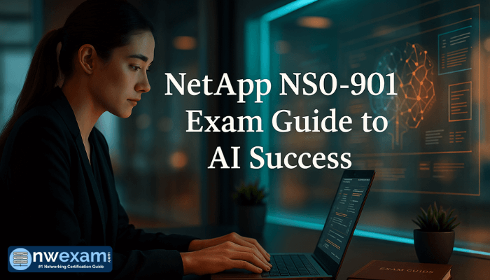 A professional individual works intently on a laptop at a desk with an open exam guide, set against a tech-themed background featuring AI visuals and digital data patterns.