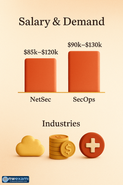 Bar graph comparing salary ranges for NetSec and SecOps roles, with icons representing key industries like cloud, finance, and healthcare.