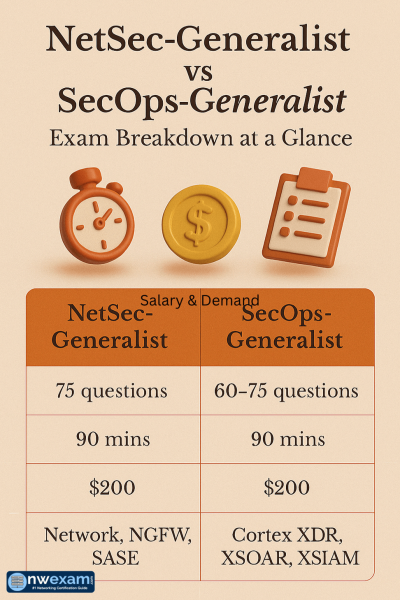Comparison chart showing exam breakdown for NetSec-Generalist and SecOps-Generalist roles, including number of questions, duration, cost, and core technologies.