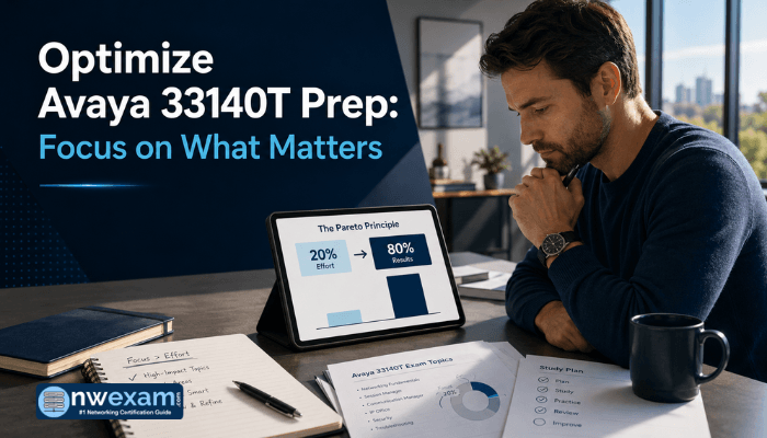An adult man studying for the Avaya 33140T exam, applying the 80/20 rule to focus his efforts on high-impact topics.