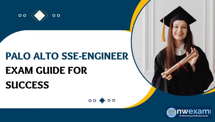 Woman in academic cap smiling with text - Palo Alto SSE-Engineer Exam Guide for Success and nwexam logo.
