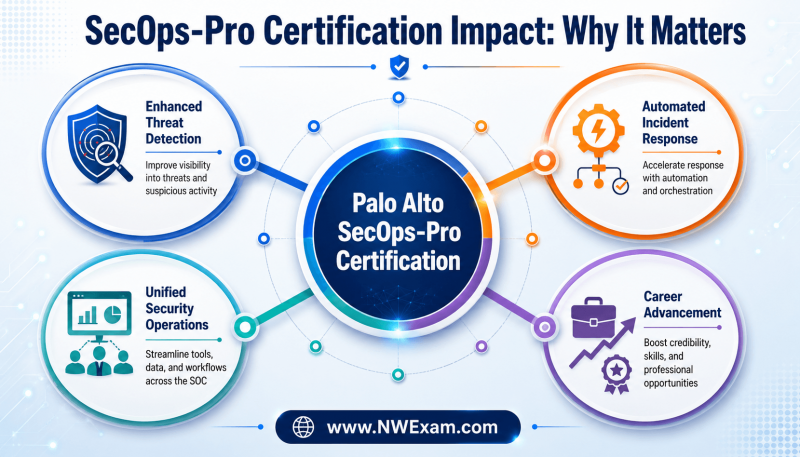Infographic illustrating the impact of the Palo Alto SecOps-Pro certification, highlighting benefits such as enhanced threat detection, automated incident response, unified security operations, and career advancement, with a central certification badge.