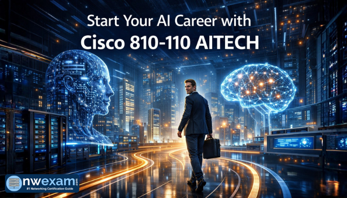 Beginner-friendly hero banner illustrating an IT professional starting an AI journey with Cisco 810-110 AITECH, featuring AI, cloud, and networking icons in a clean blue corporate design.