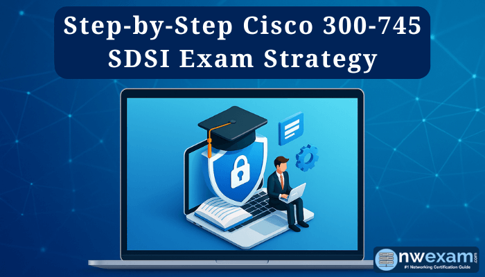 A professional banner image for the Cisco 300-745 SDSI exam strategy featuring a laptop with cybersecurity icons and the nwexam.com logo in the bottom right corner.