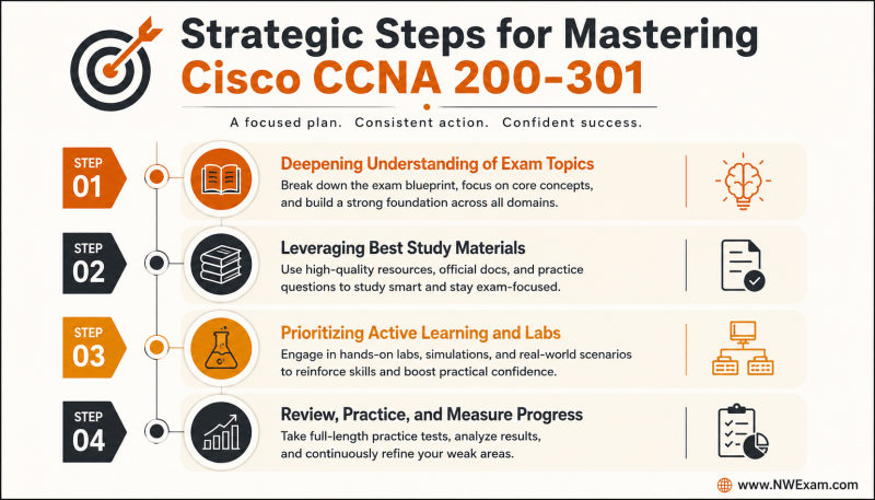 Infographic depicting strategic steps for Cisco CCNA 200-301 exam preparation, including understanding topics, using best materials, and active learning, presented in a vertical flow-chart.
