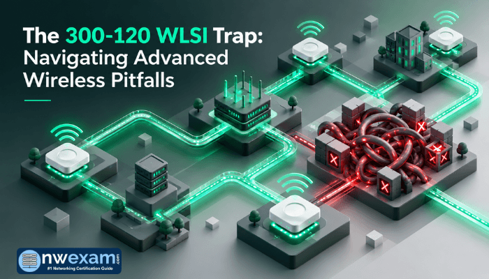 An isometric 3D illustration of a wireless network with a visibly tangled section, symbolizing the pitfalls and 'trap' for candidates taking the Cisco 300-120 WLSI exam.