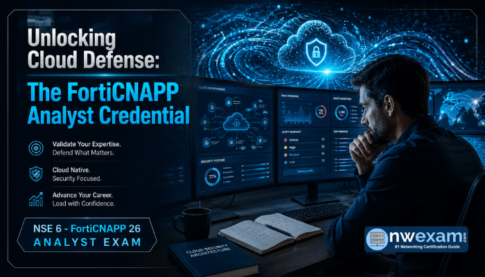 A cloud security analyst, an adult man, intently monitors FortiCNAPP dashboards on multiple screens, surrounded by abstract cloud data, representing the strategic defense against cloud chaos for the NSE6_CNP_AN-26 exam.